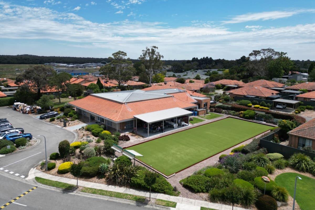 Botanic Gardens Retirement Living Aerial of Community Centre and Lawn Green